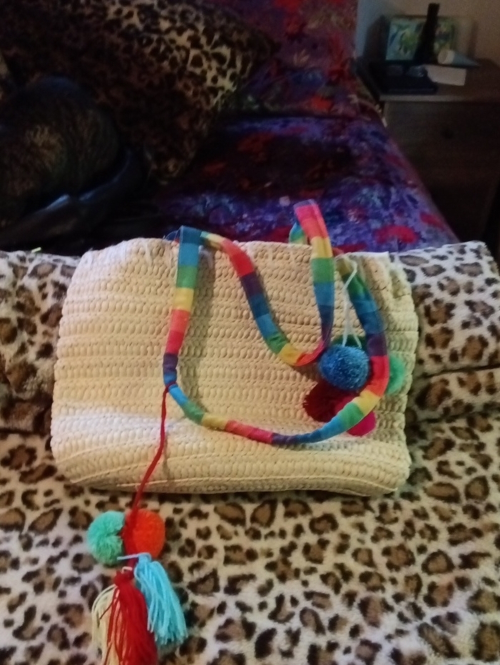 Handwoven Cream Crochet Tote with Rainbow Strap and Pom Pom Accents